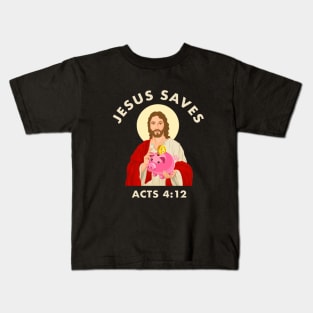 Jesus saves! funny meme with piggy bank white text Kids T-Shirt